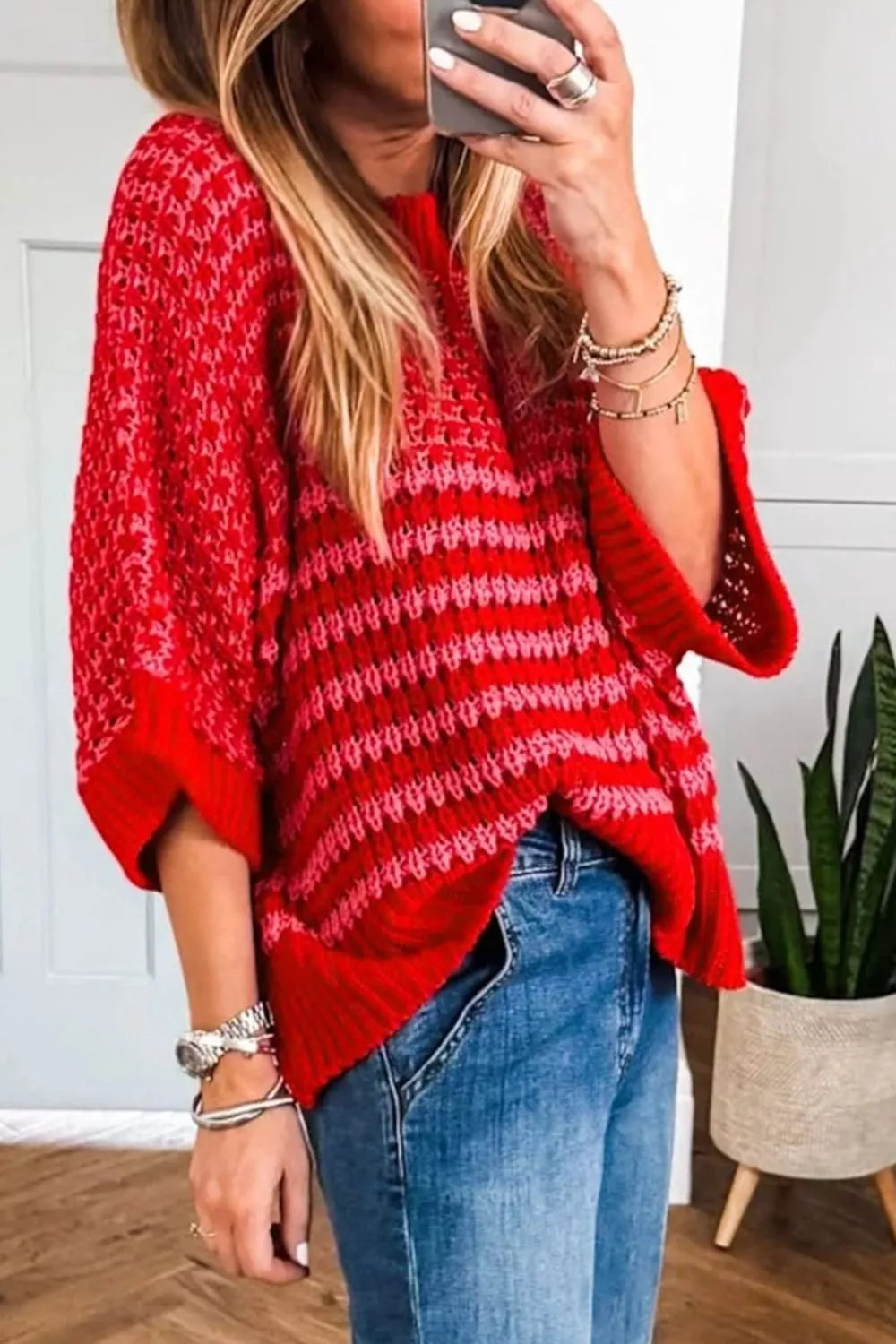 Stripe Wavy Crochet Eyelet Detail Ruffle Half Sleeve Sweater