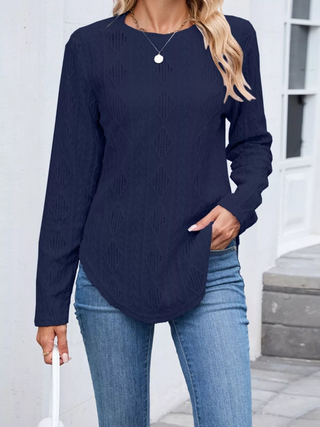 Diamond Pattern Knit Long Sleeve T-Shirt