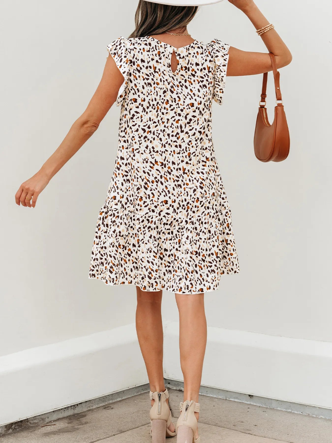 Leopard Ruffled Flutter Sleeve Keyhole Back Mini Dress