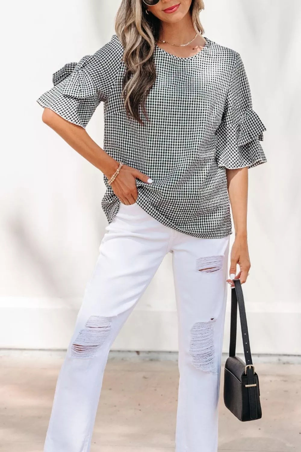 Gingham Bow Half Sleeve Blouse