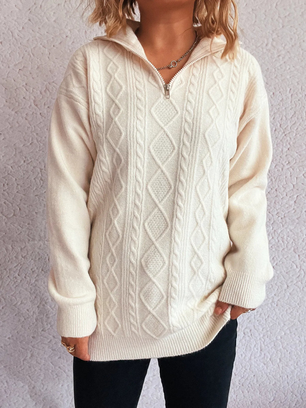 Texture Zip Collar Long Sleeve Sweater