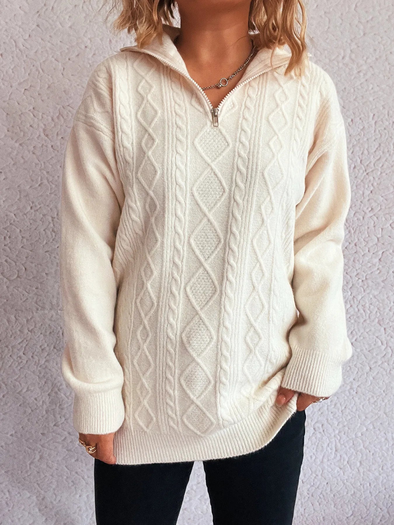 Texture Zip Collar Long Sleeve Sweater