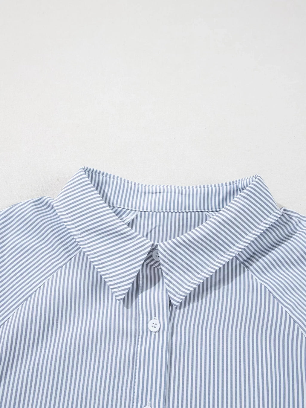 Pinstripe Long Sleeve Smocked Cuffs Button Shirt Collar Blouse
