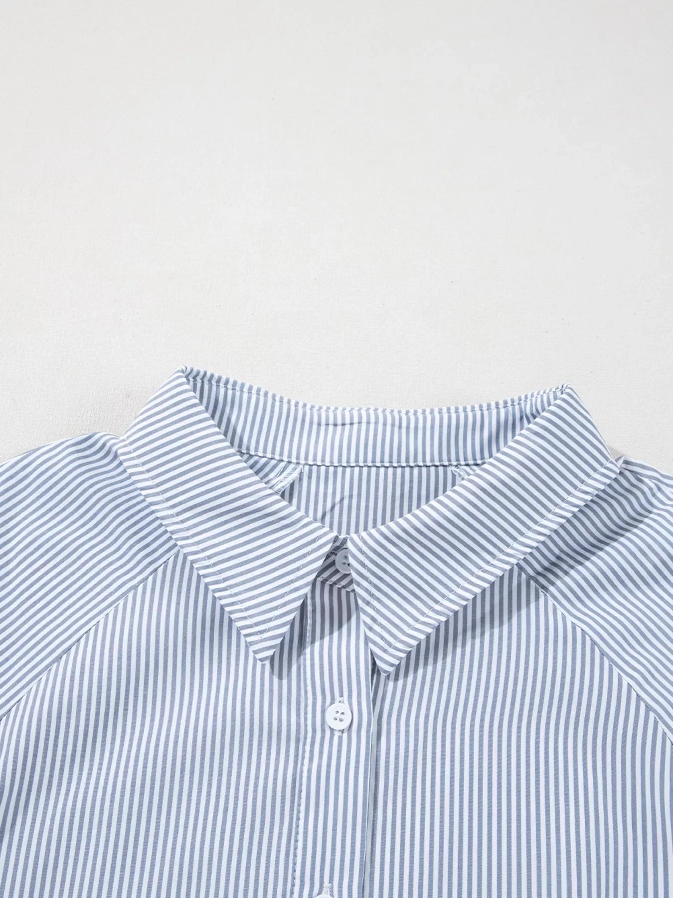 Pinstripe Long Sleeve Smocked Cuffs Button Shirt Collar Blouse