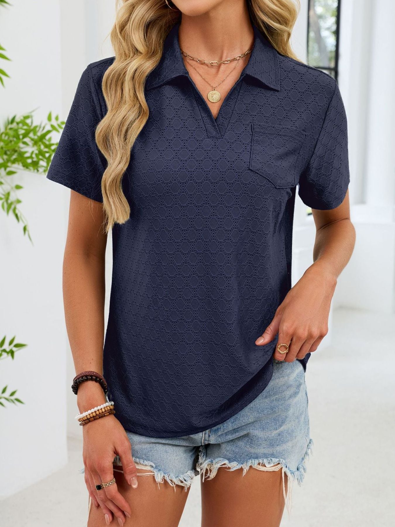 Eyelet Short Sleeve Blouse