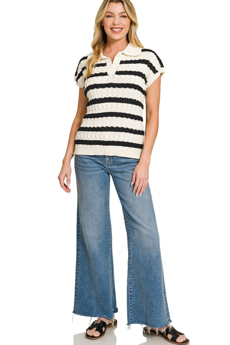 Zenana Textured Stripe Collared Sweater Vest