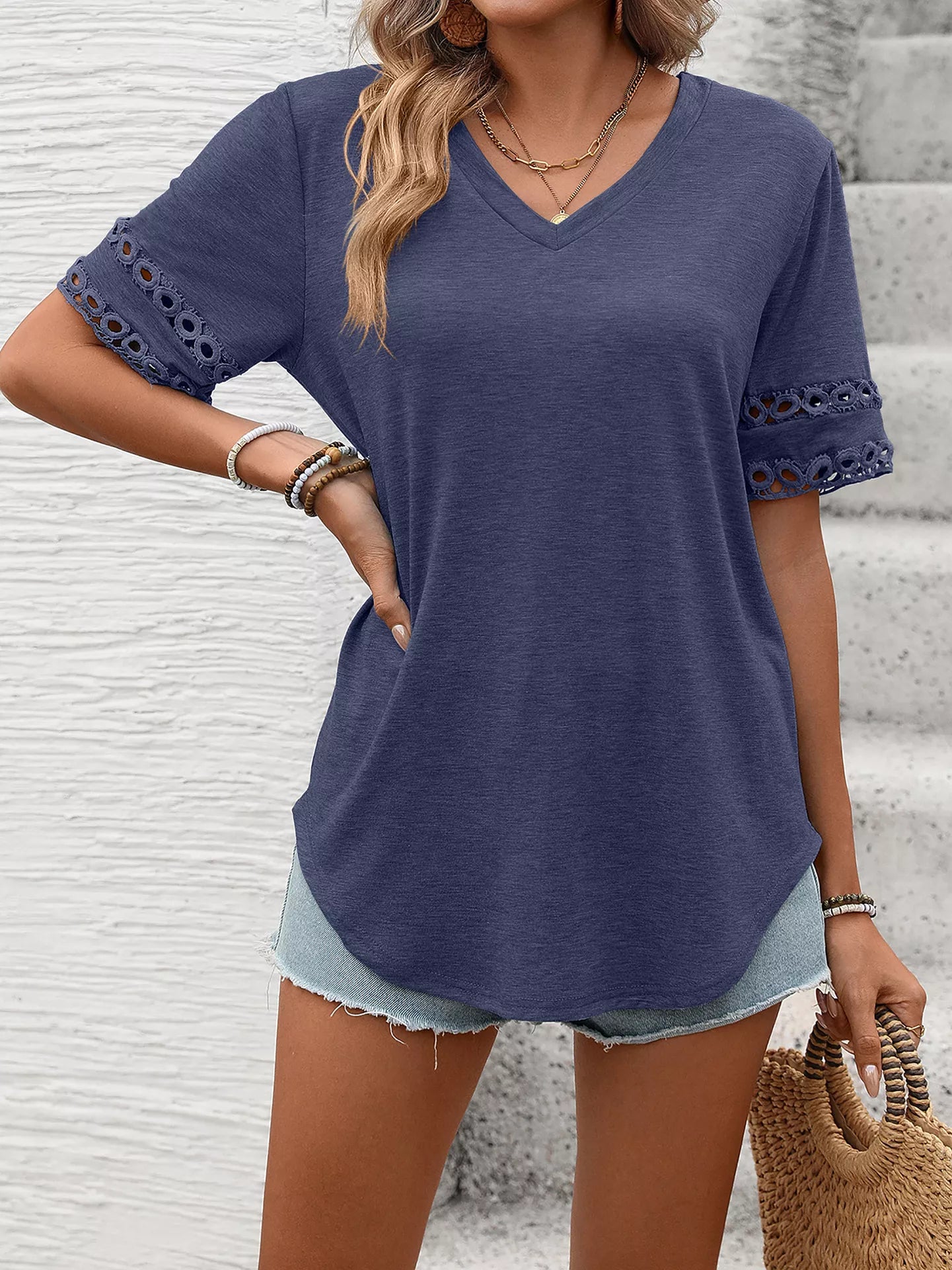 V-Neck Hollow-Out Sleeve T-Shirt