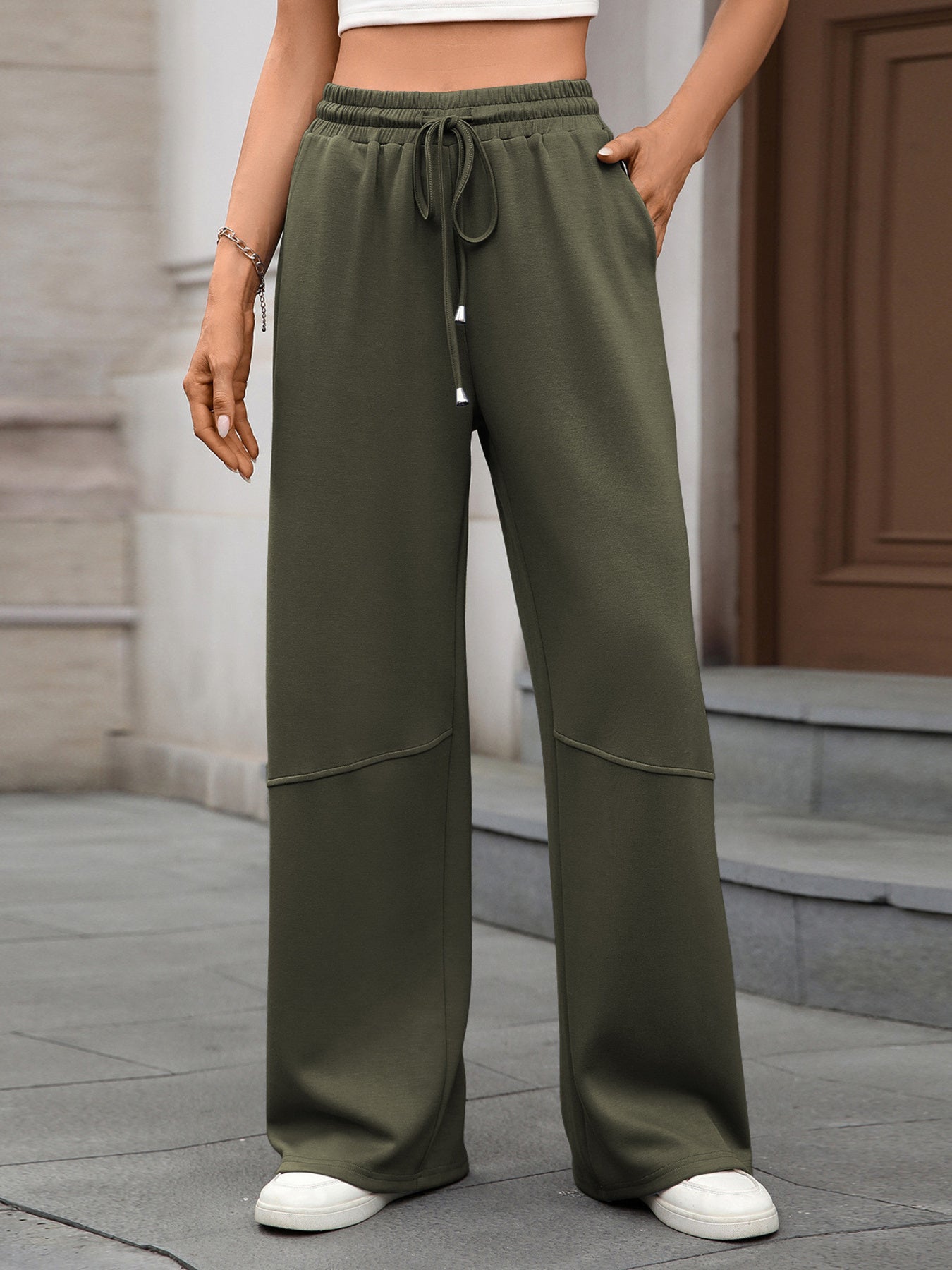 Drawstring High Waist Wide Leg Casual Pants