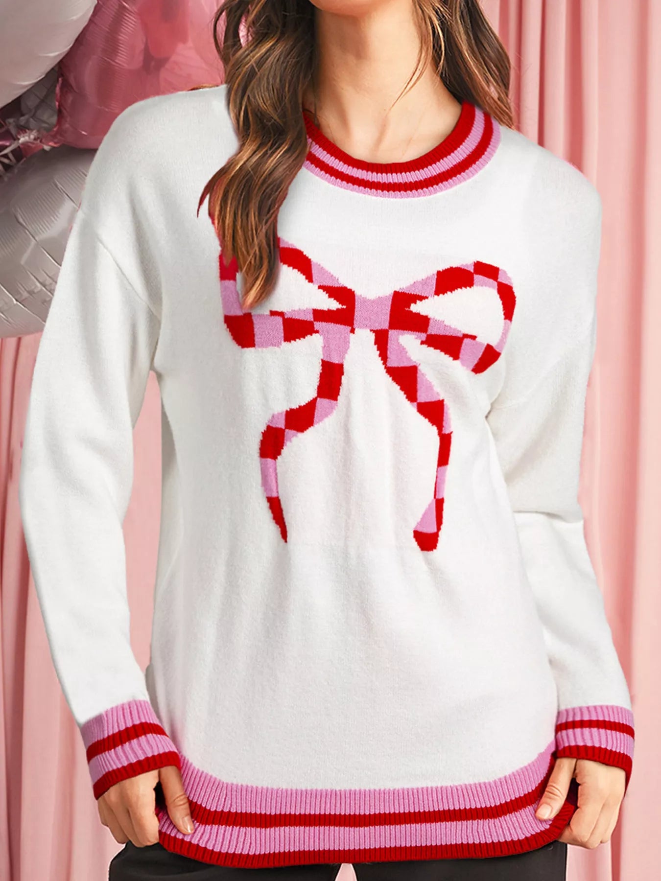 Striped Trim Bow Graphic Round Neck Drop Shoulder Sweater