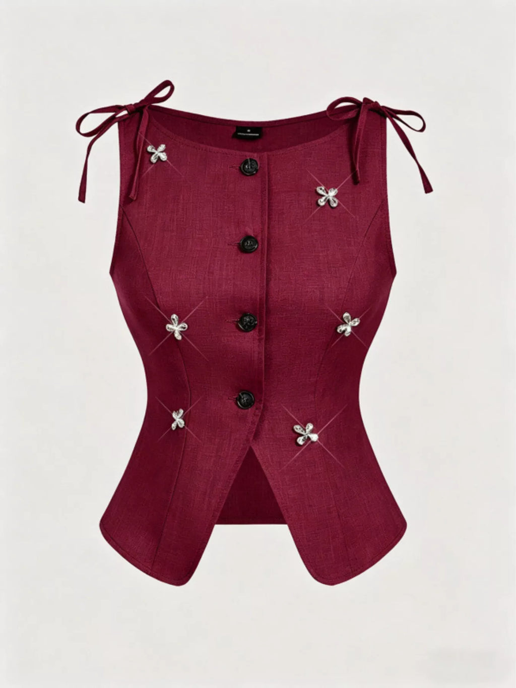Button-Front Floral Decor Tie Shoulder Vest