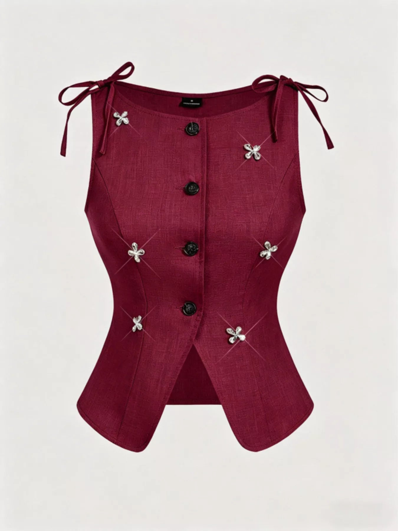 Button-Front Floral Decor Tie Shoulder Vest