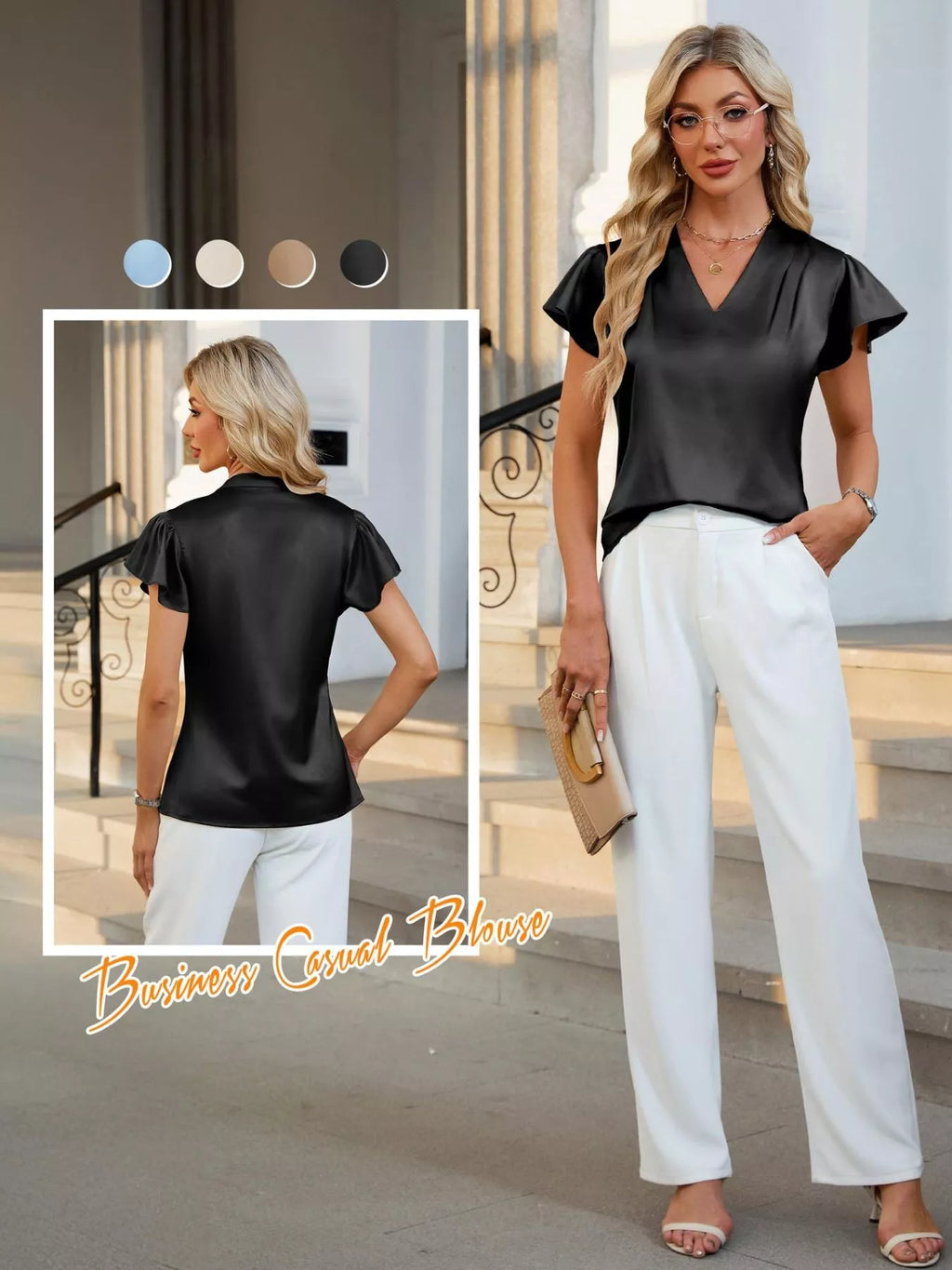 Satin V-Neck Flutter Sleeve Blouse