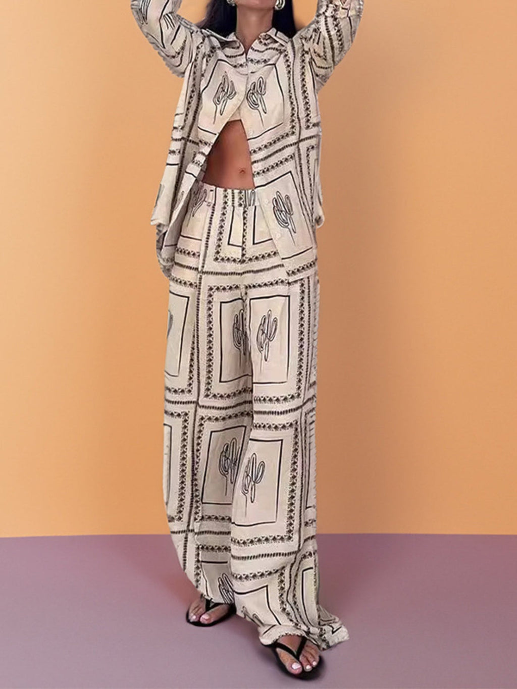 Cactus Print Button Up Shirt and Pants Set