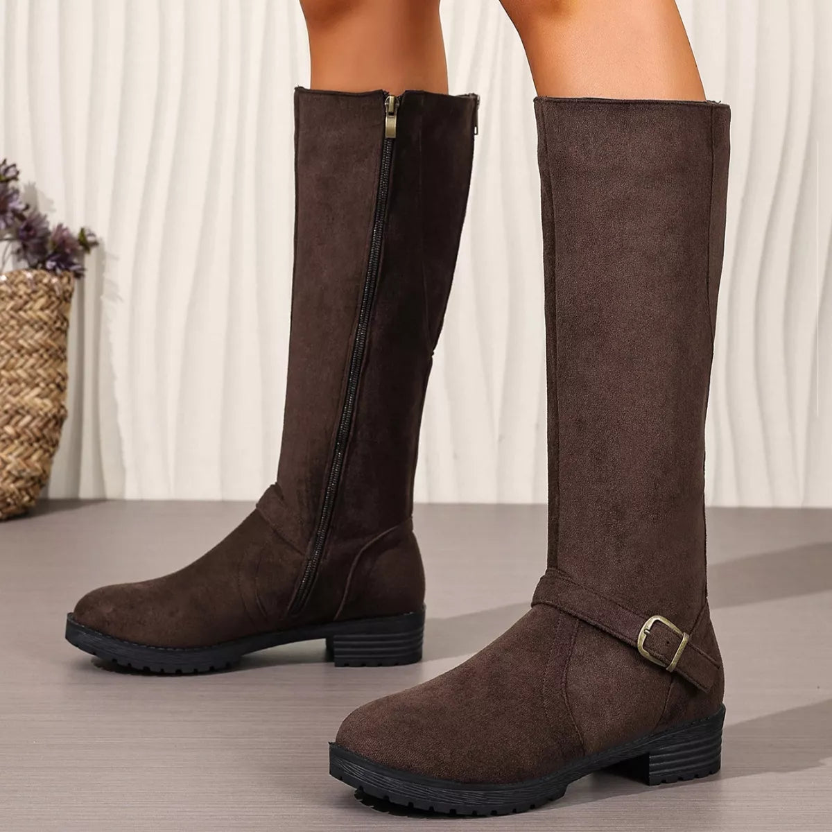 Knee-High Suede Buckle Accent Boots