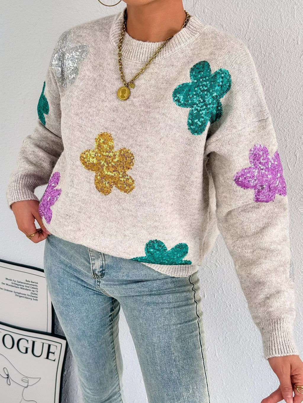 Sequined Floral Round Neck Sweater