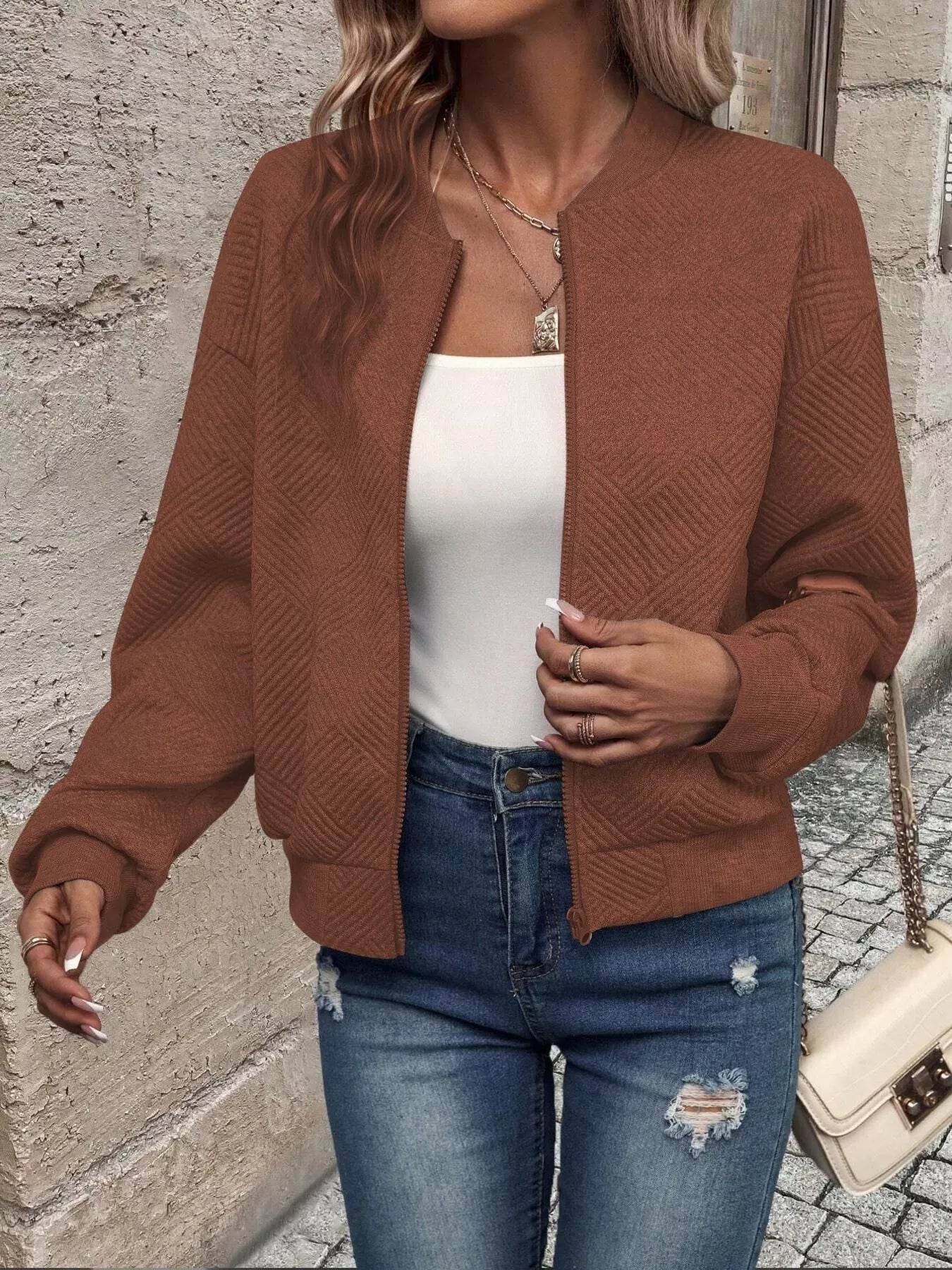 Texture Zip-Up Bomber Jacket