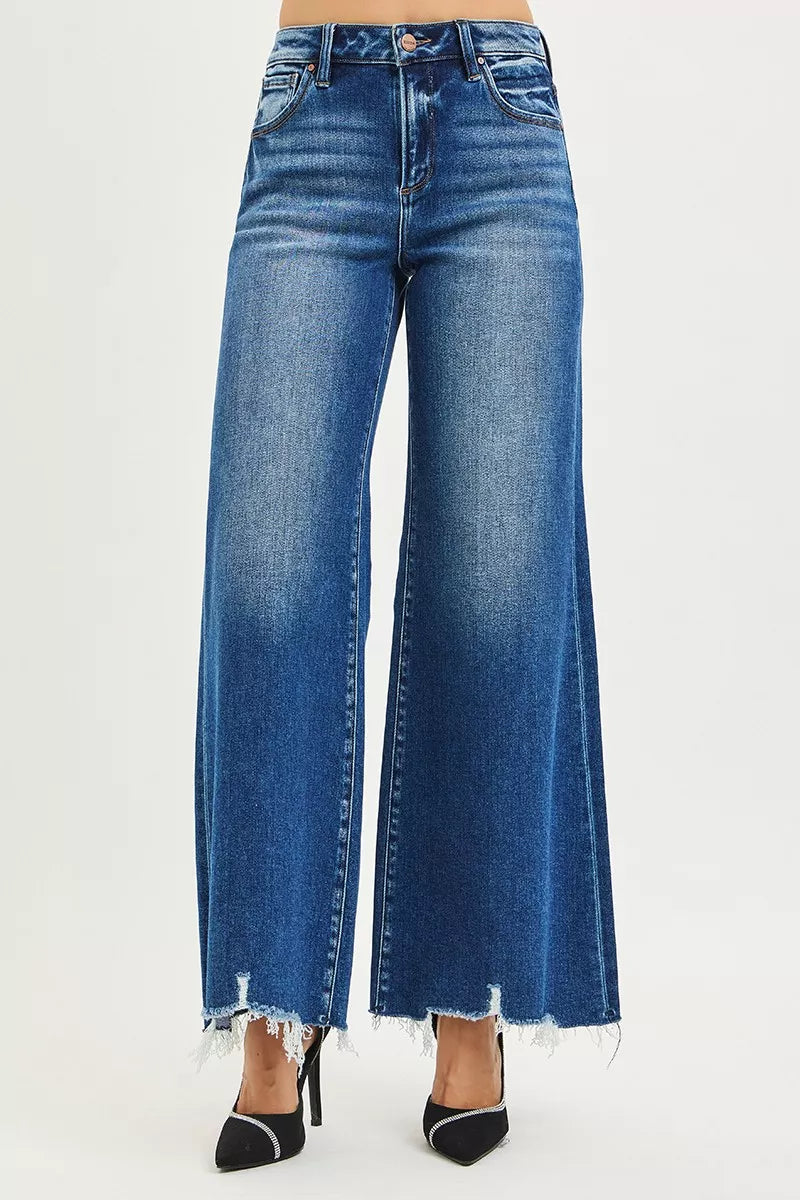 RISEN High Rise Wide Leg Jeans with Distressed Hem