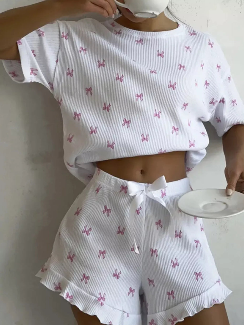 Ribbed Knit Bow Print Top and Shorts Lounge Set