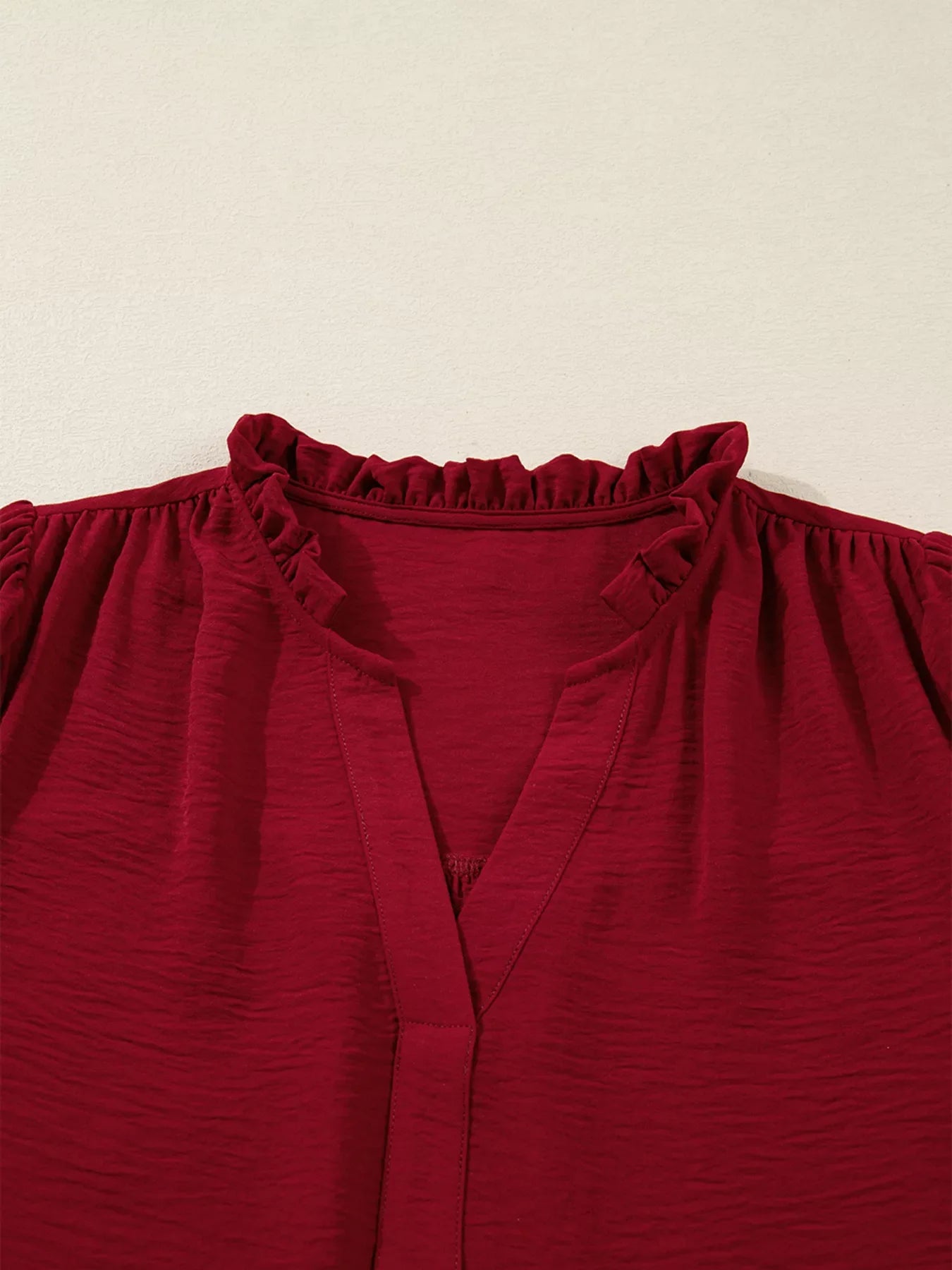 Notched Neck Shirred Cuff Long Sleeve Blouse