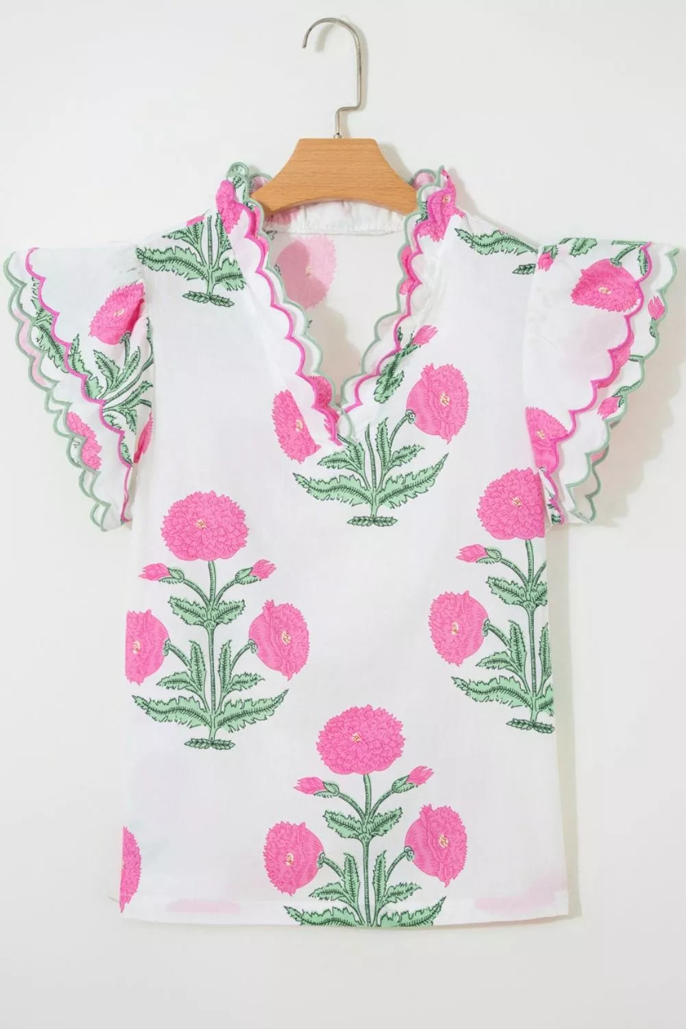 Contrast Scallop Trim Layered Short Sleeve V Neck Blouse