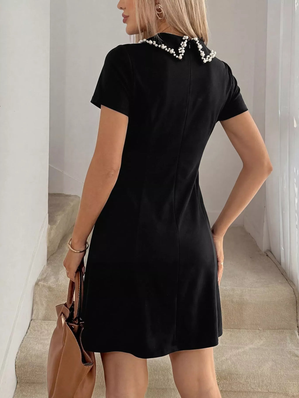 Bead Collar Short Sleeve Mini Dress