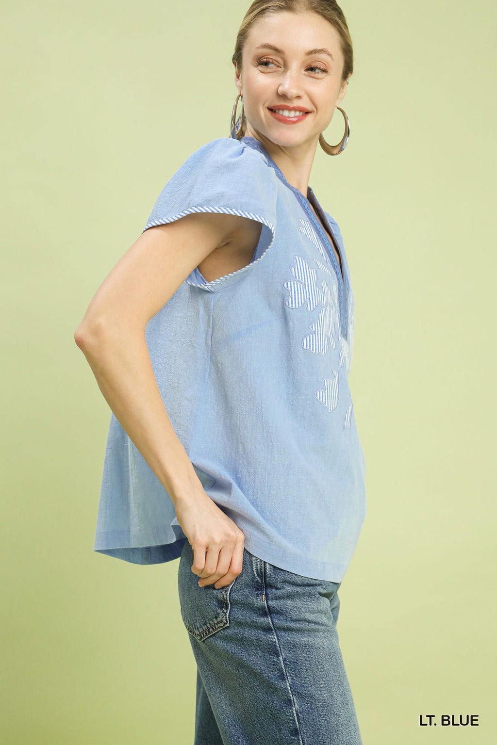 Umgee Abstract Applique Split Neck Top