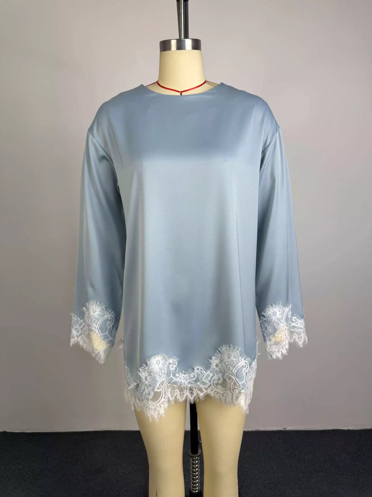 Lace Hem Long Sleeve Oversized Satin Top