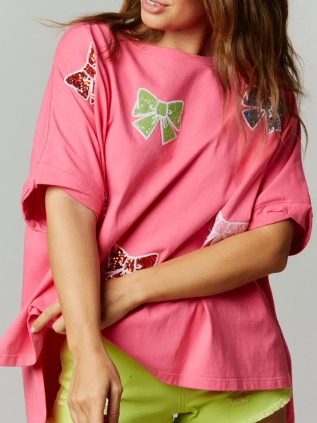 Sequin Bow Round Neck T-Shirt