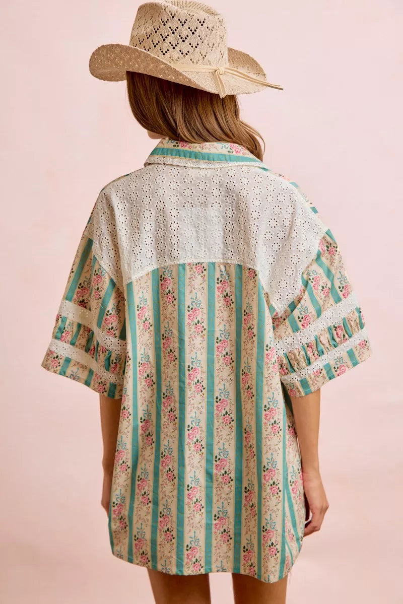 BiBi Eyelet Lace And Floral Mix And Match Shirt Top