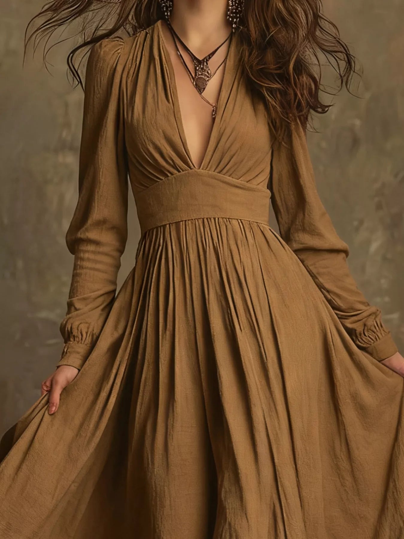 V-Neck Long Sleeve Ruffle Hem Dress