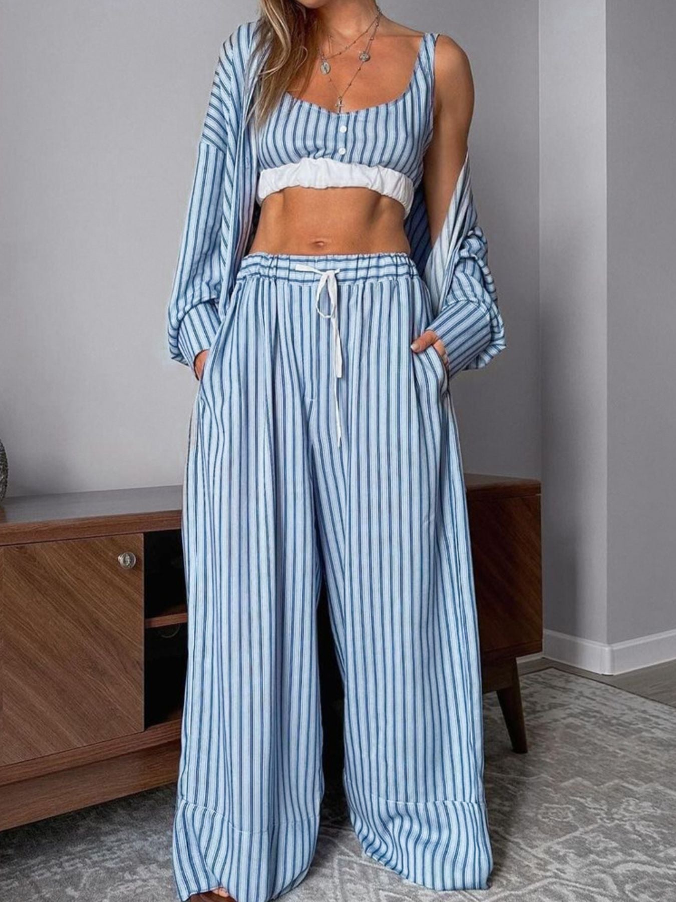 Striped Cami & Shirt and Pants Lounge Set