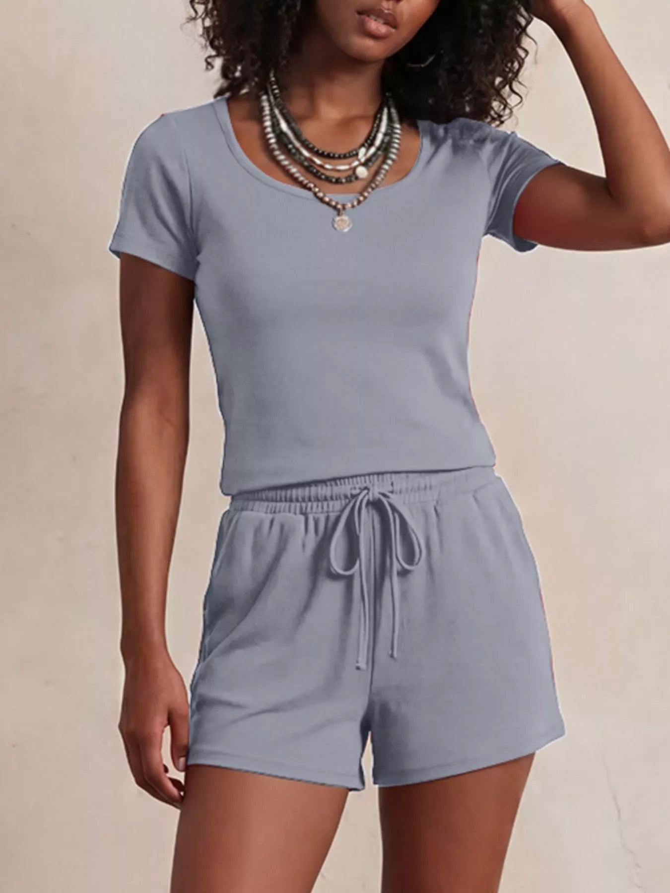 Solid Color Short Sleeve Tee and Shorts Set