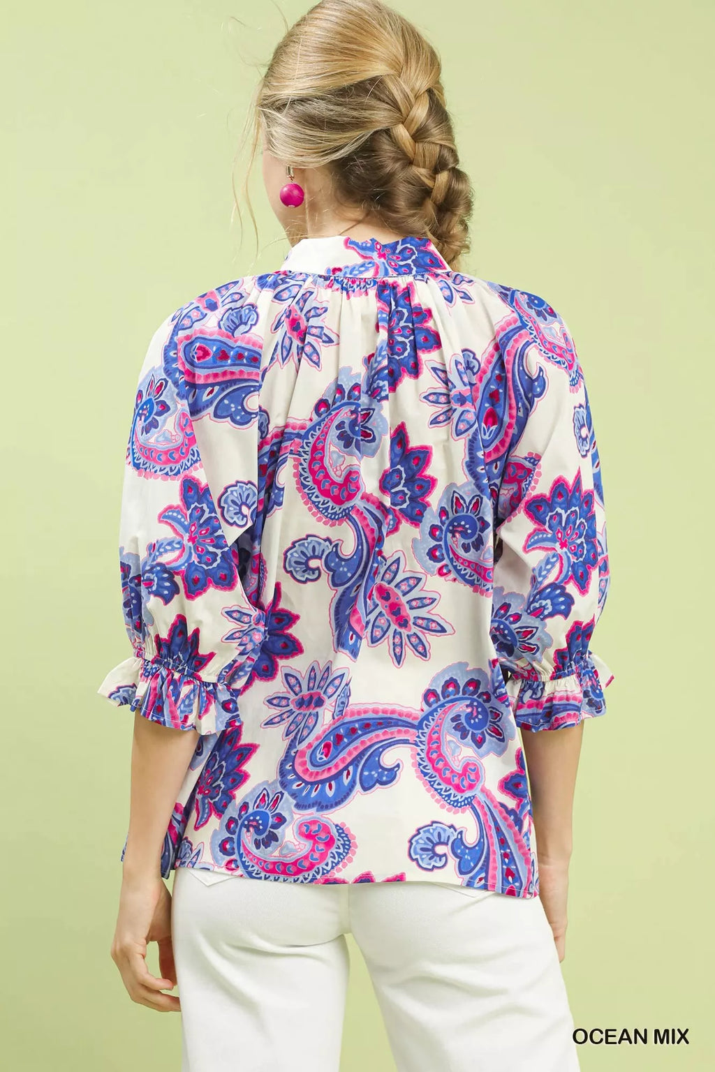 Umgee Paisley Print Button Front Blouse with Scallop Trim Detail