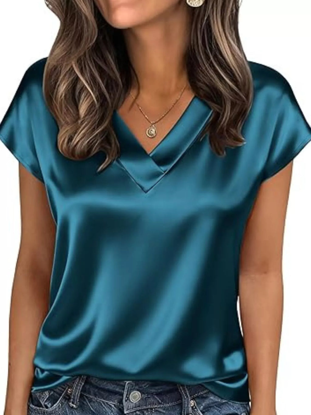 Satin V-Neck Short Sleeve Blouse