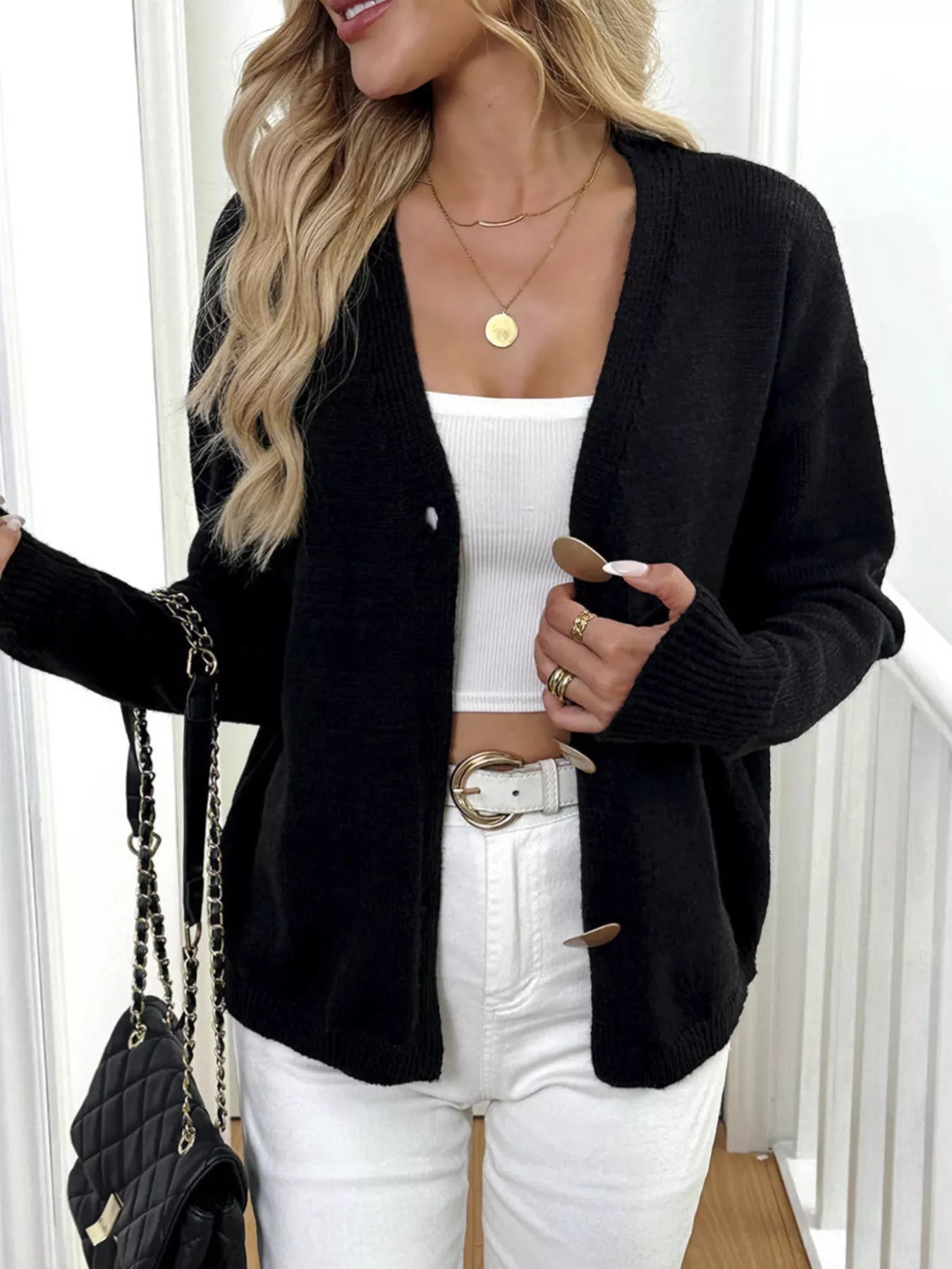 Button-Down V-Neck Cardigan