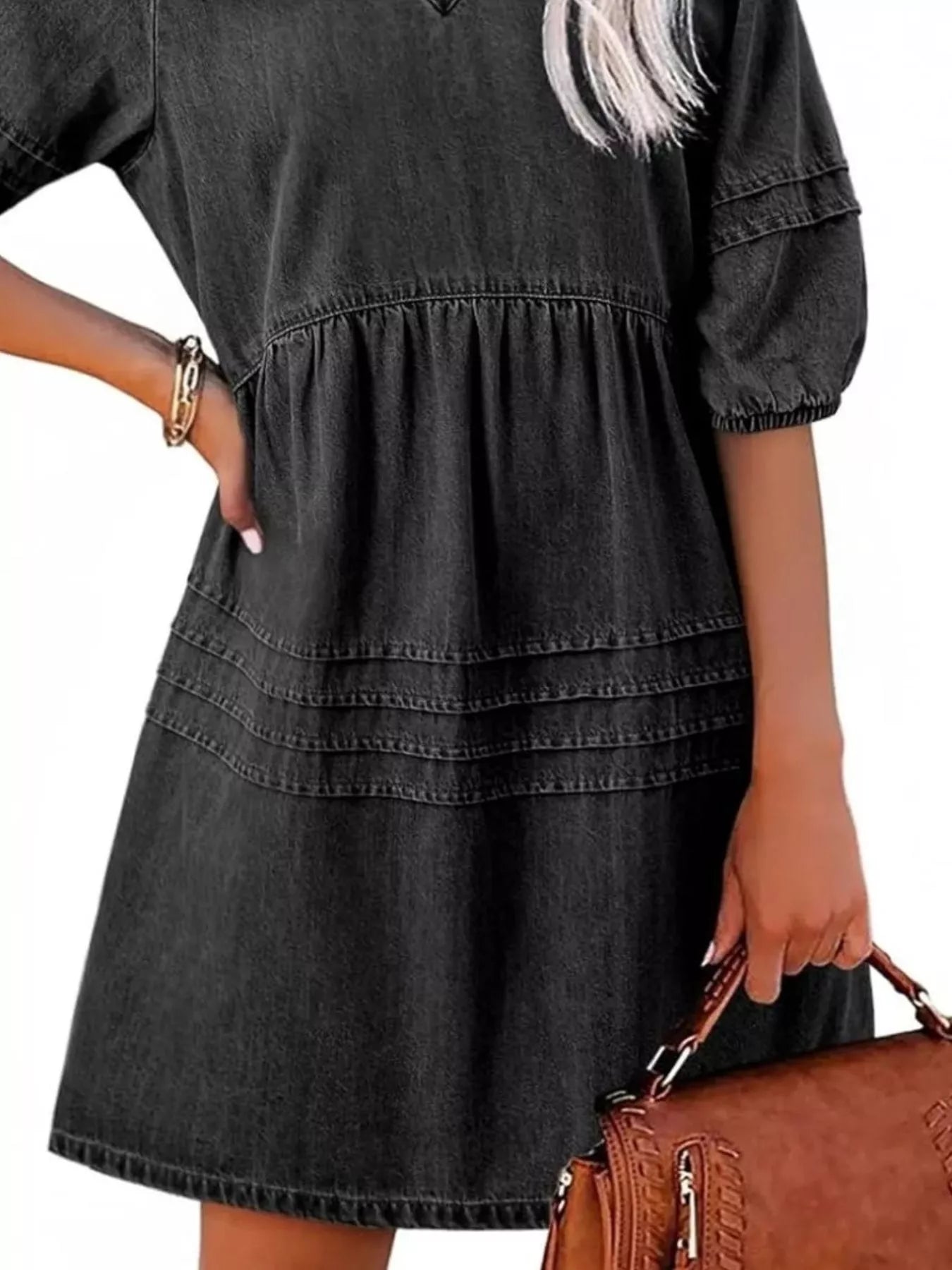 Casual V-Neck Puff Sleeve Denim Mini Dress