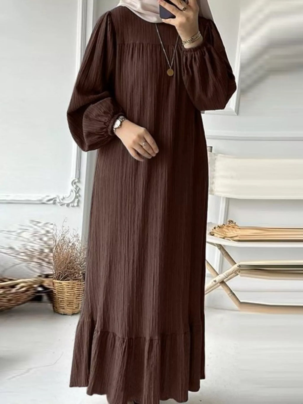 Full Size Textured Balloon Sleeve Maxi Dress Plus Size