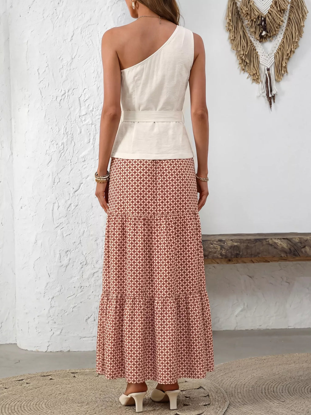 One-Shoulder Top and Geometric Print Maxi Skirt Set
