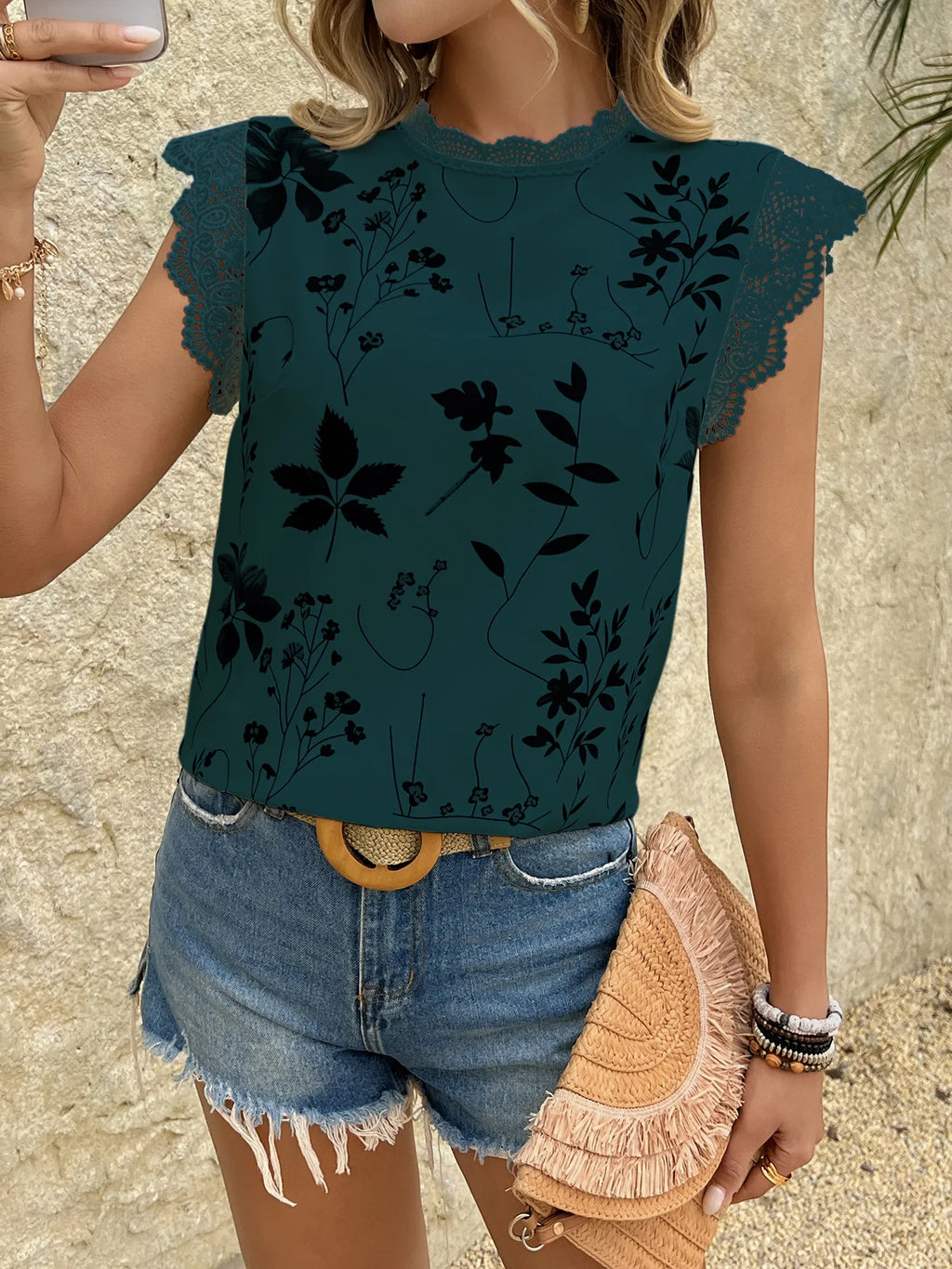 Lace Trim Sleeveless Blouse