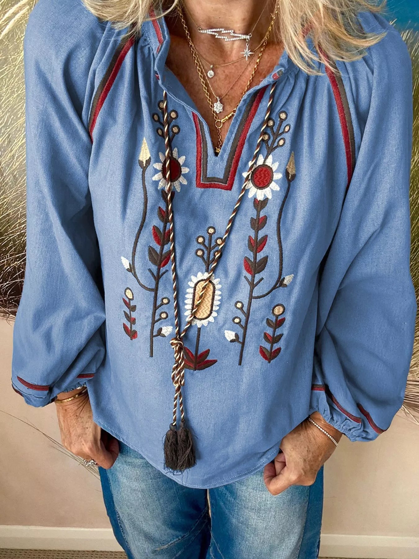 Floral Embroidered Split Neck Tassel Tie Puff Sleeve Blouse