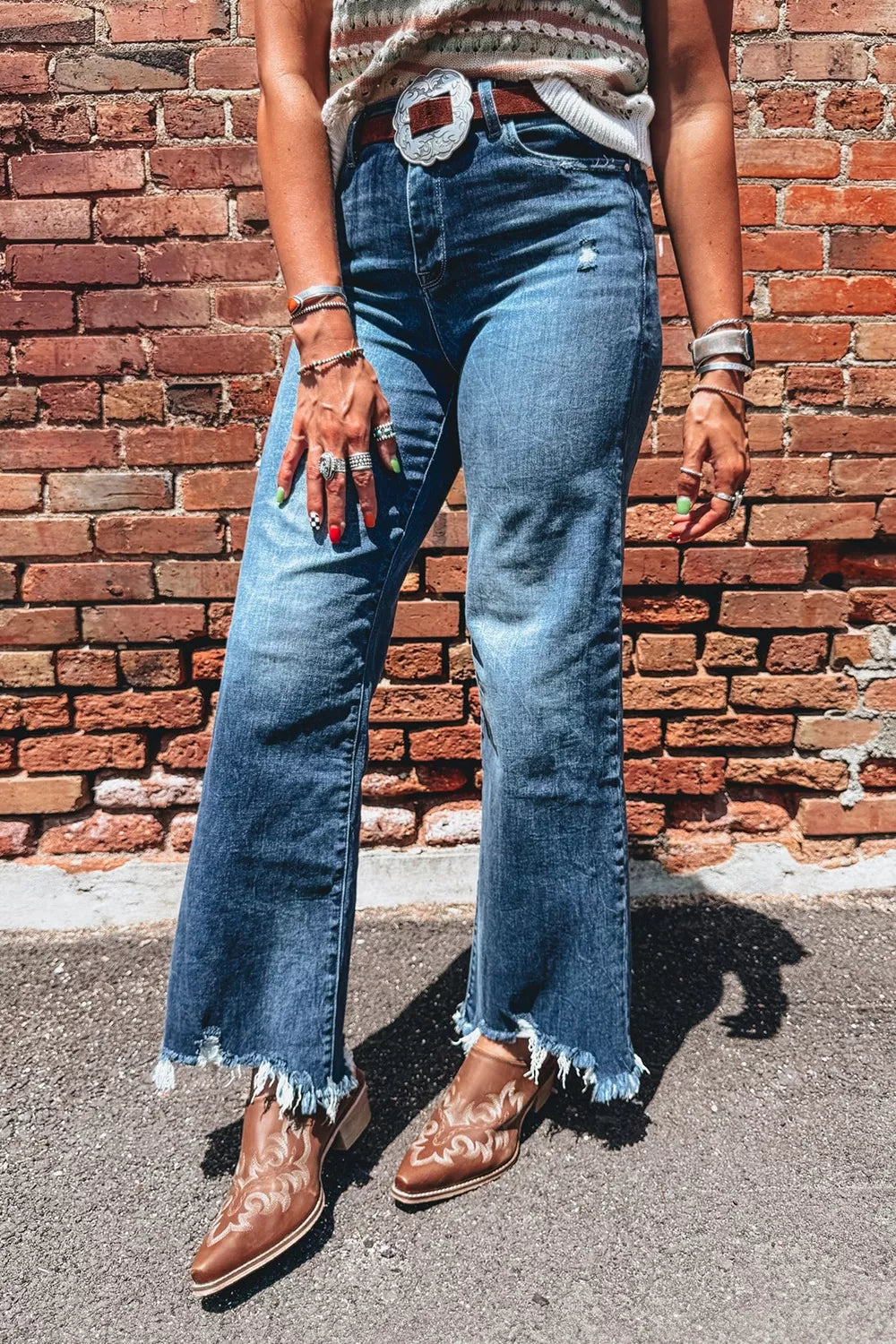 High Waist Frayed Hem Flare Jeans