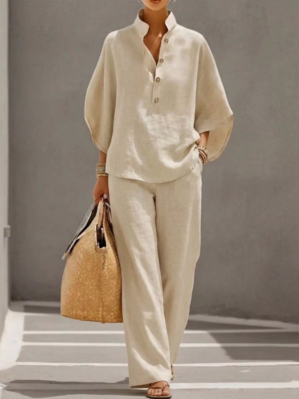 Full Size Button Detail 3/4 Sleeve Top and Pants Set Plus Size