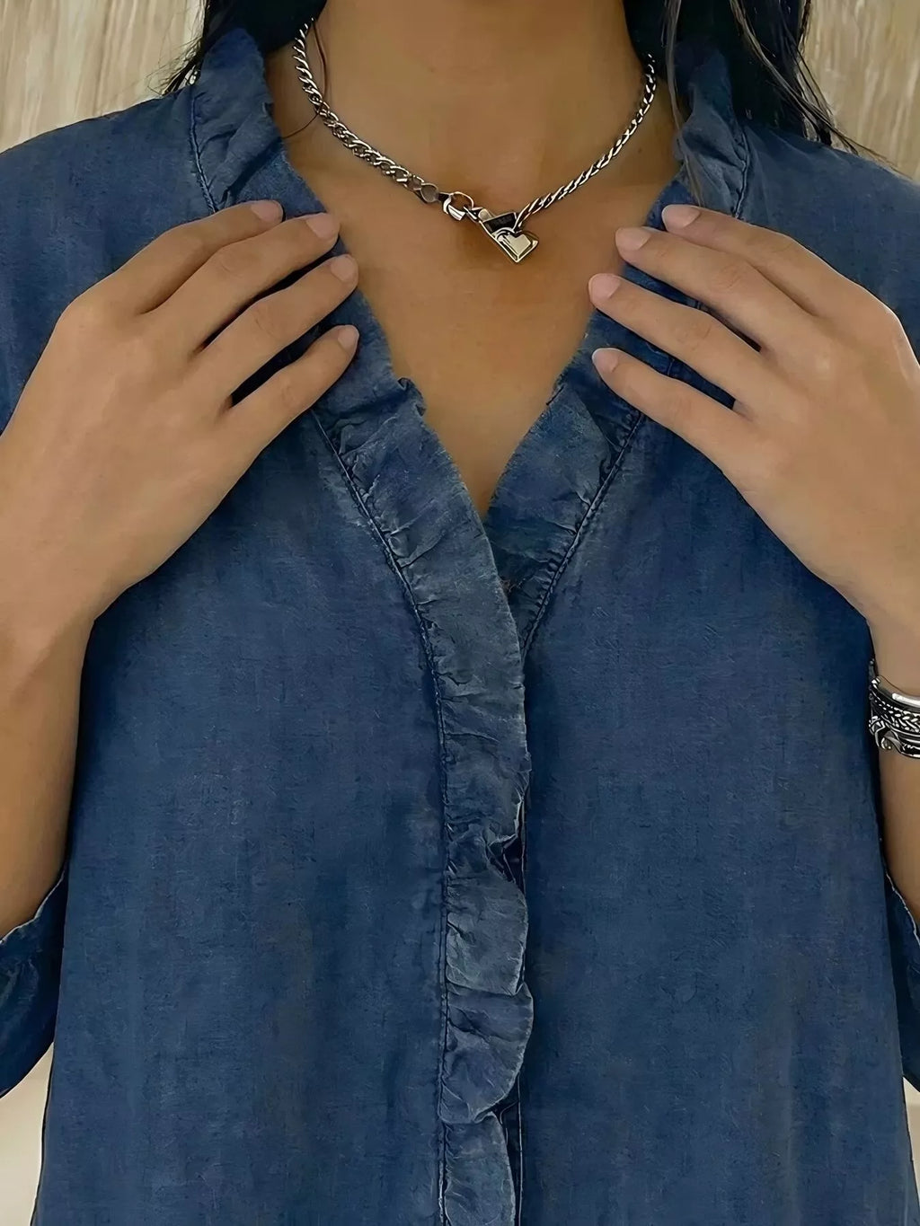 Full Size V-Neck Ruffled Button Down Shirt Plus Size