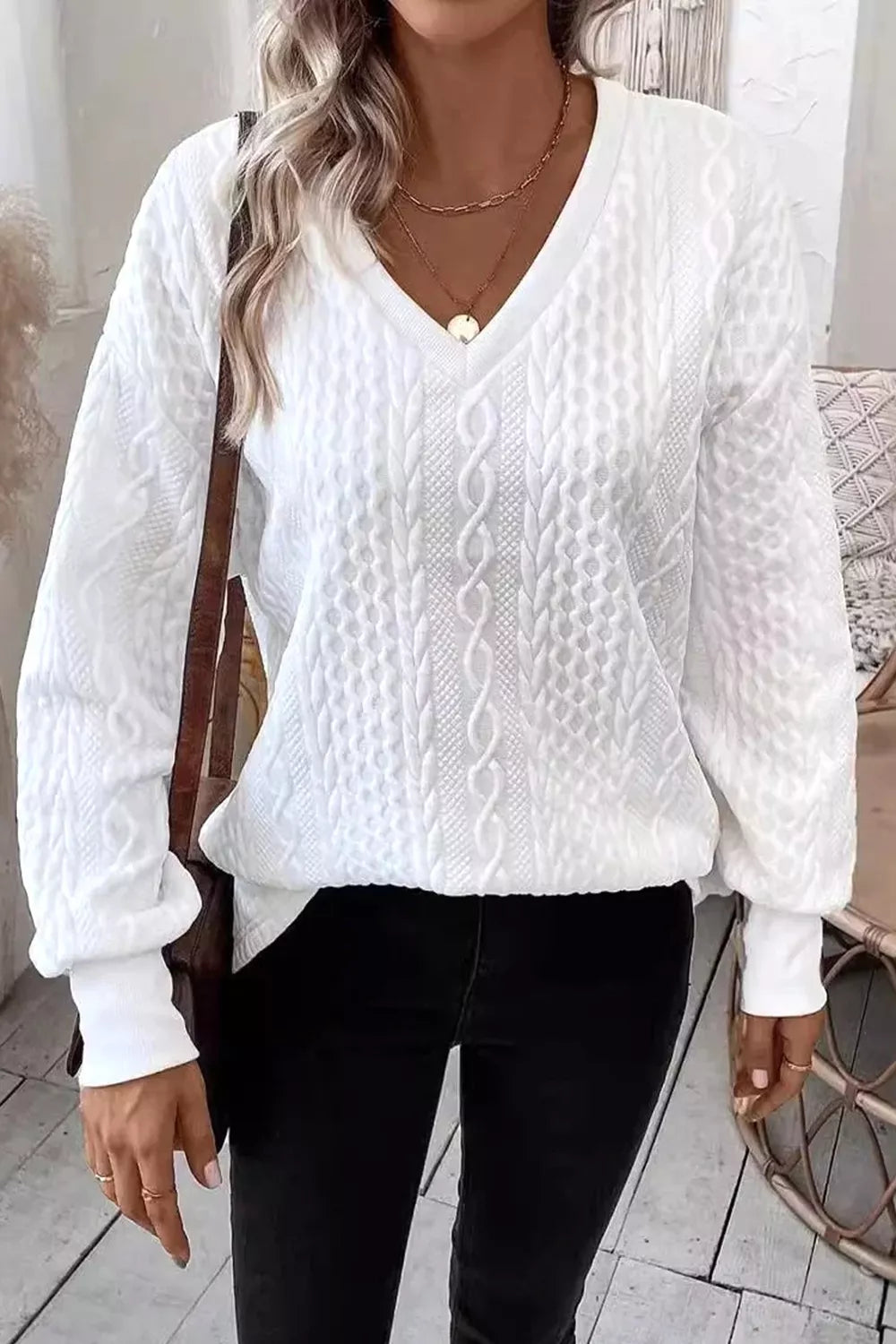 Solid Color Textured V Neck Drop Shoulder Knit Top
