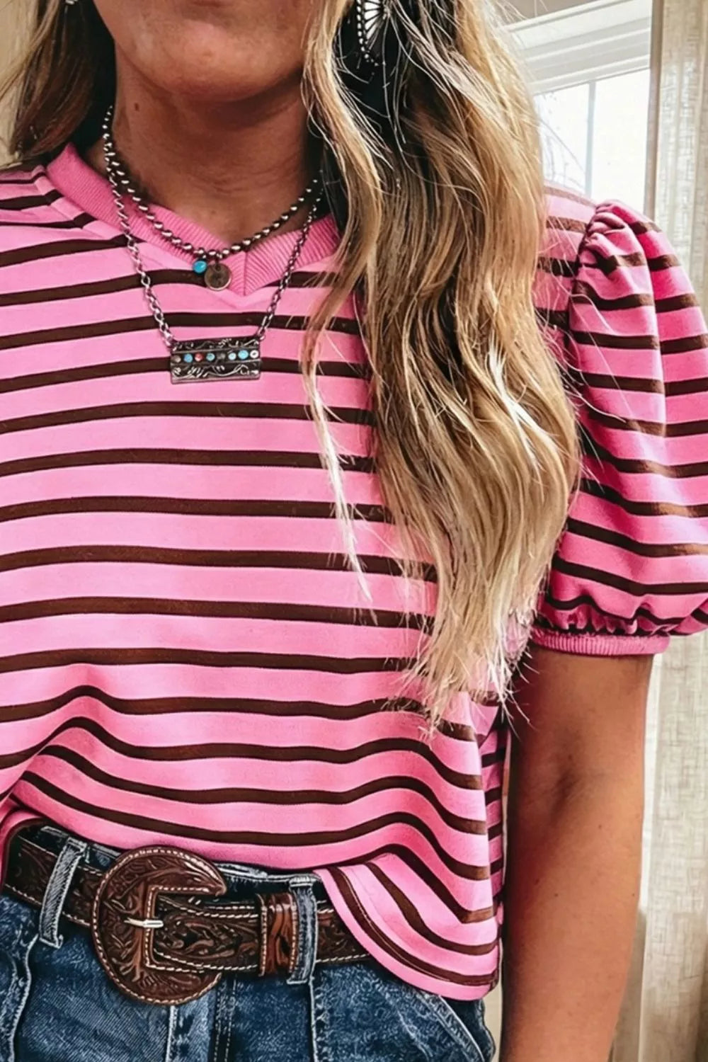 Stripe Striped V-Neck Ribbed Collar Cuff Gathering Puff Sleeve Top
