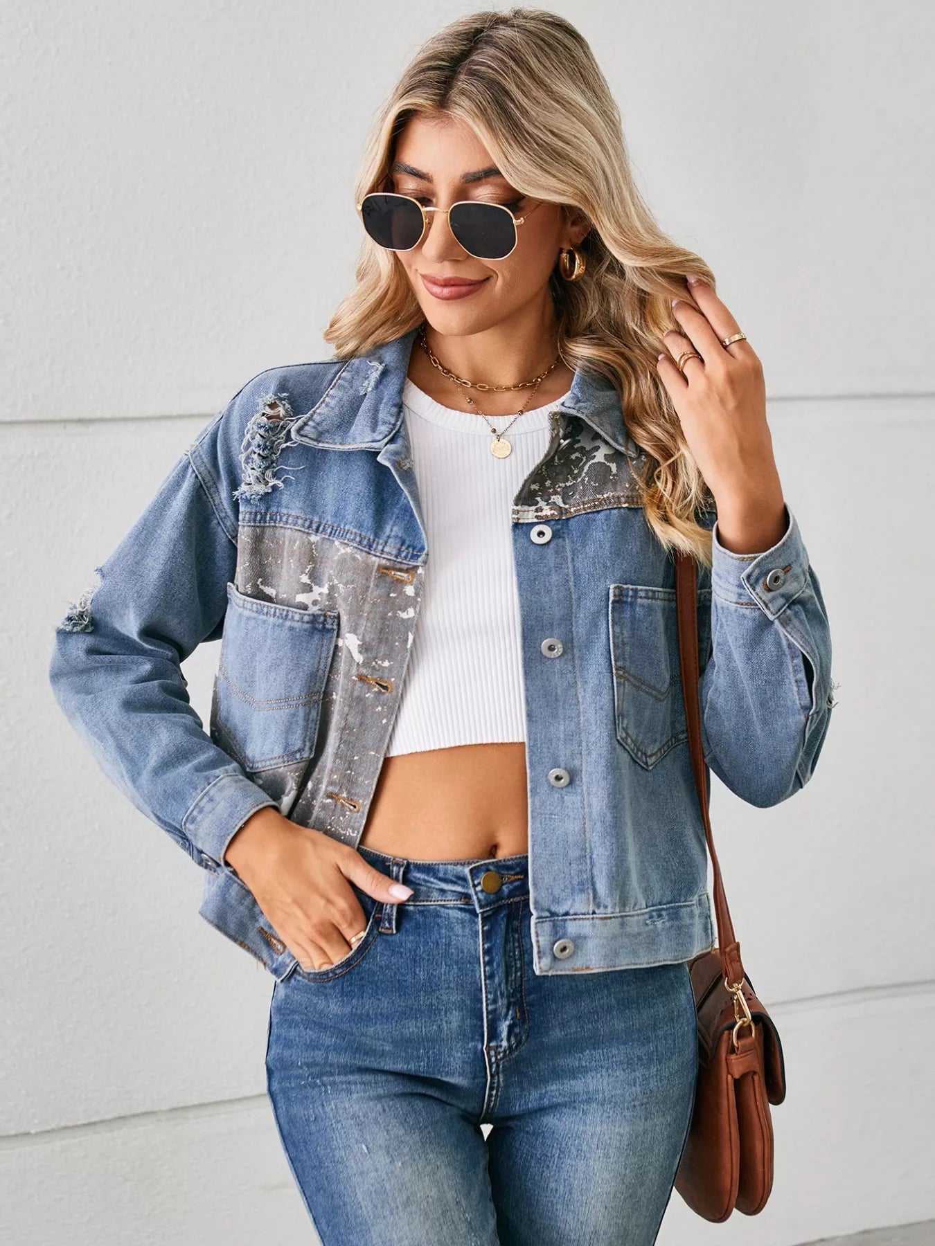 Snake Print Button Up Denim Jacket
