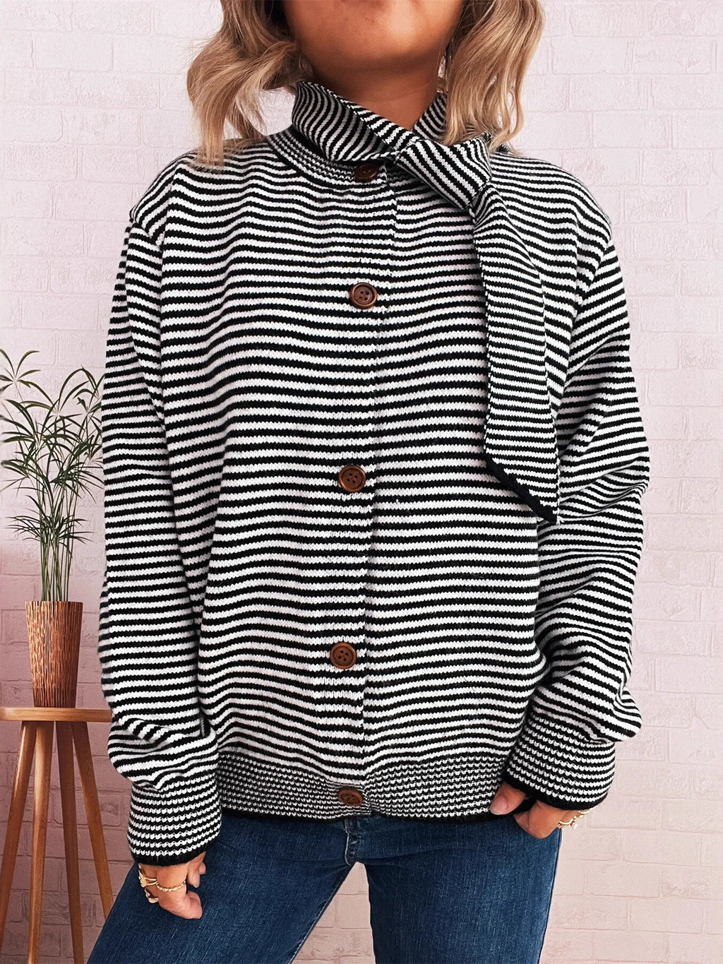 Striped Button Up Long Sleeve Cardigan