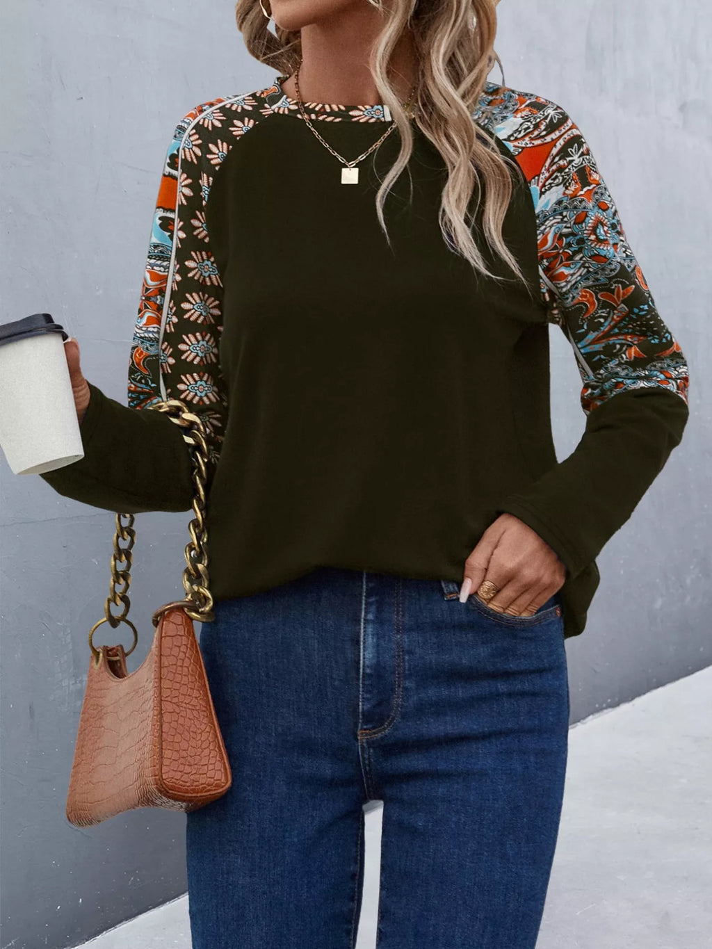Printed Raglan Sleeve Round Neck T-Shirt