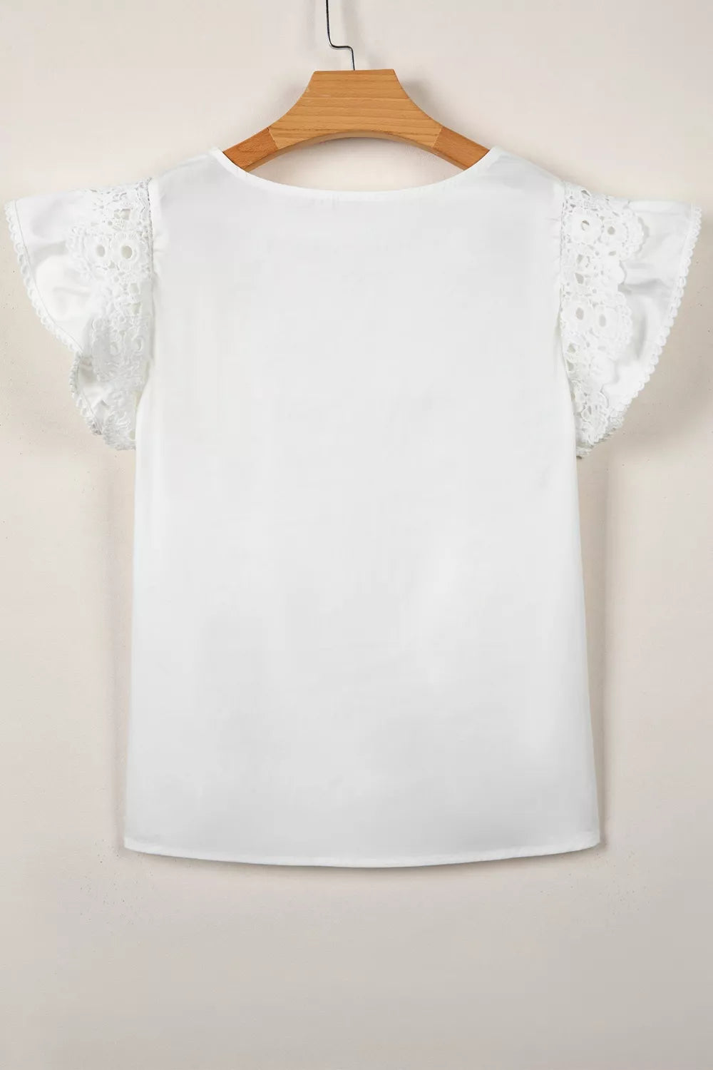 Lace Detail Flutter Sleeve Pleated Round Neck Blouse