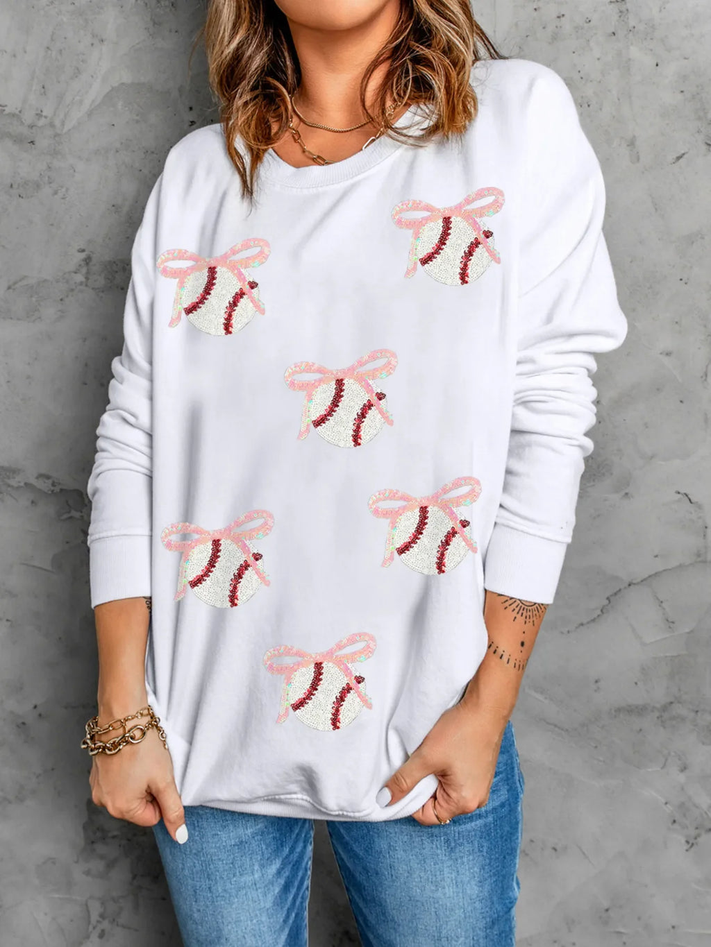 Sequin Bow Baseball Patched Casual Sweatshirt